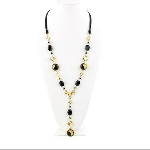 Chico's Y Necklace Gold Foil Black Beads Long